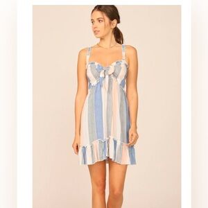 Ocean Drive summer dress Size Large blue pink and white sweetheart tie neck line